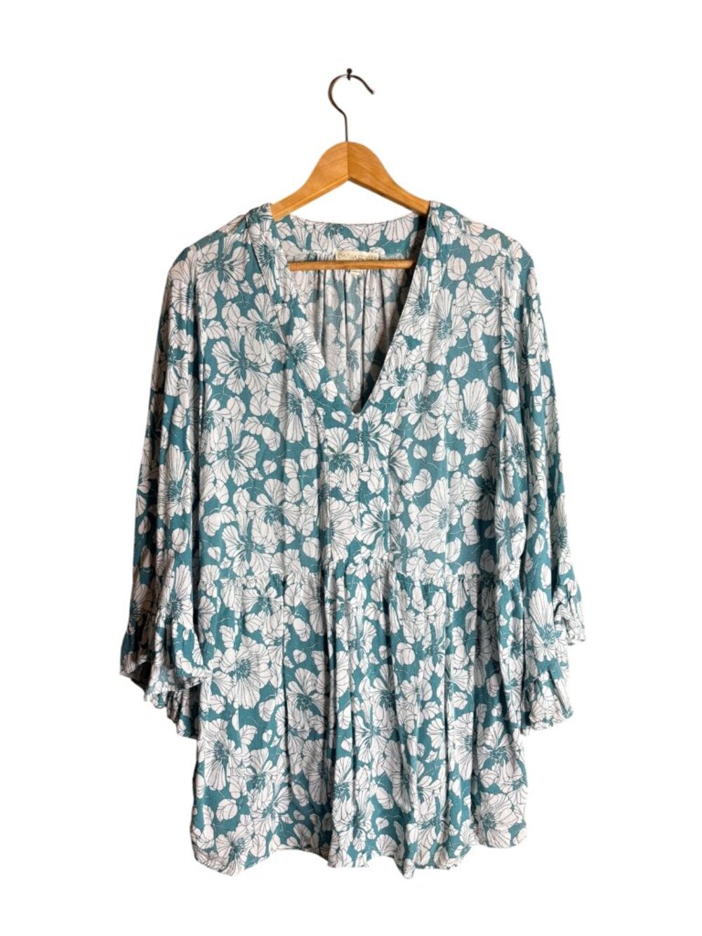 Cynthia Roey Woman 1X Teal White Floral Babydoll Tunic Top 1x